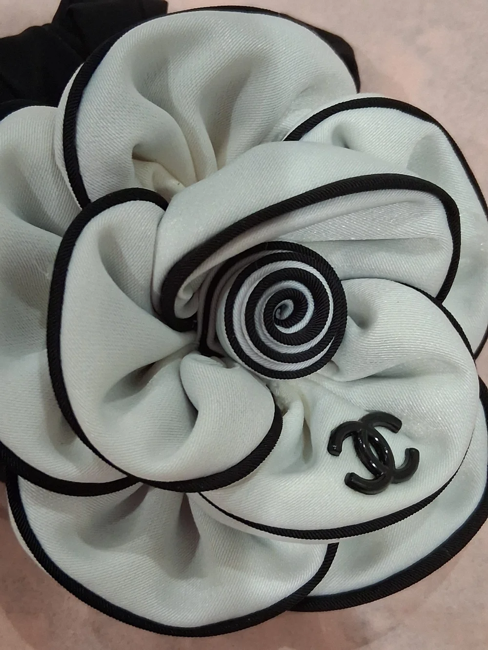 Elegant Black and White Flower Hair Scrunchie with Logo Accent Designer inspired